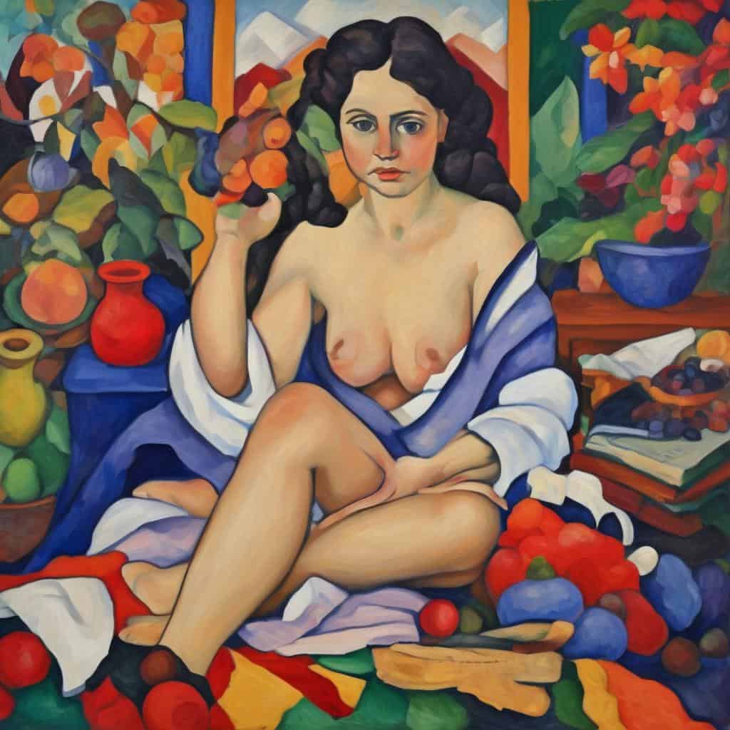 ζωγραφική με θηλυκό σώμα και φρέσκια διακόσμηση, ενίσχυση της αξίας του κενού στη σύνθεση.