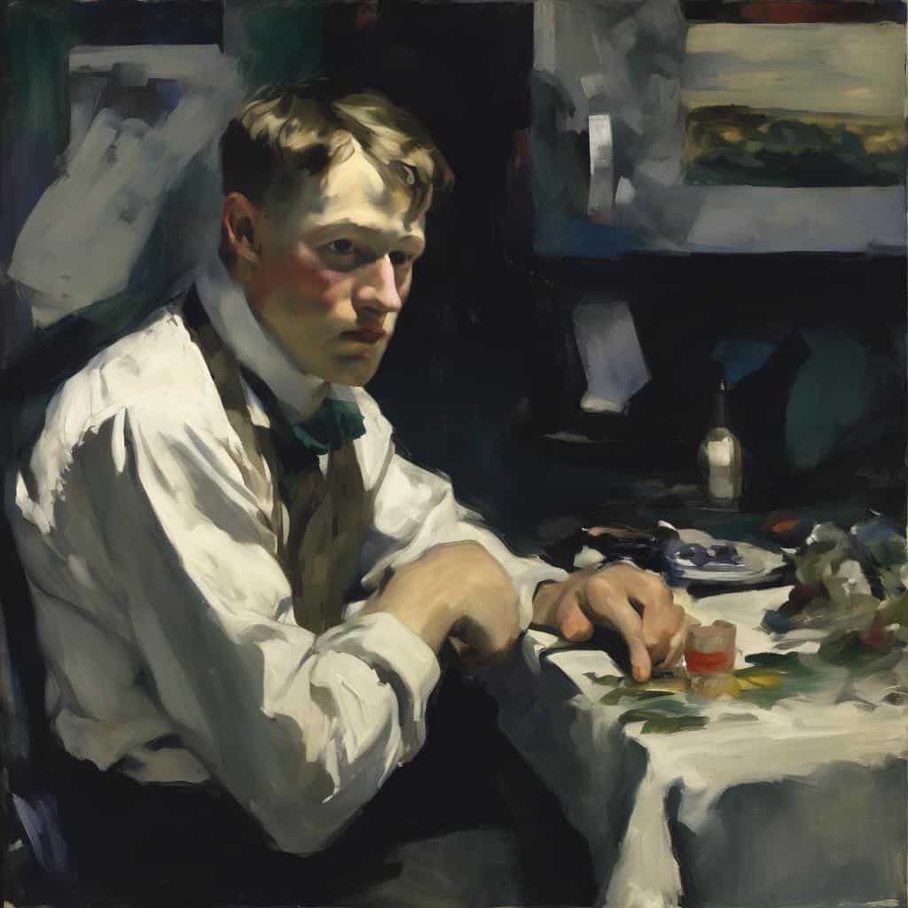 ρεαλιστικό πορτρέτο νεαρού άνδρα ζωγραφισμένο σε ελαιογραφία με έντονες πινελιές και παιχνίδι φ lighting, που αναδεικνύει την αίσθηση του κενού και της σύνθεσης.