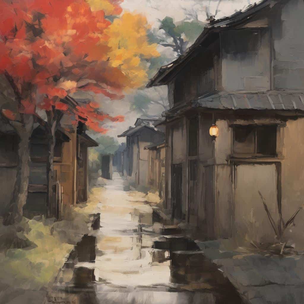 Παραδοσιακός δρόμος με φθαρμένα ξύλινα σπίτια, έντονα κόκκινα και πορτοκαλί φύλλα δέντρων, φυσική ηρεμία και ατμόσφαιρα φθινοπώρου.