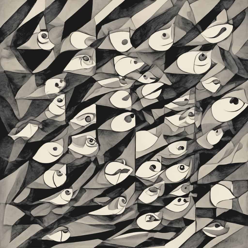 Σύνθεση με στυλ κυβισμού, εστιάζοντας στη σημασία του κενού και της αρμονίας στη δημιουργία τέχνης.