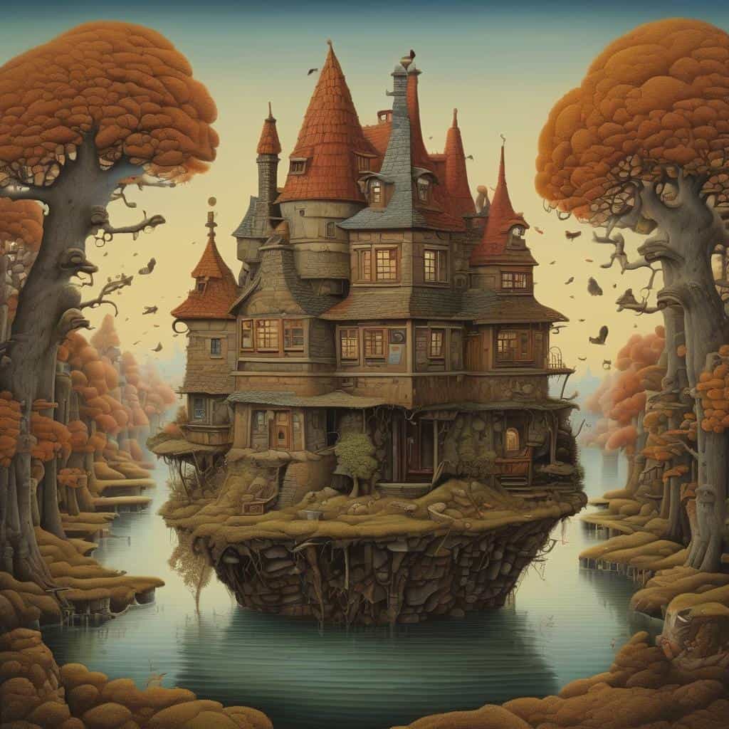 Εξωφρενικό δέντρο και μάγευτο σπίτι στον αέρα, καλαίσθητη και φανταστική εικόνα με αισθητική σύνθεση.